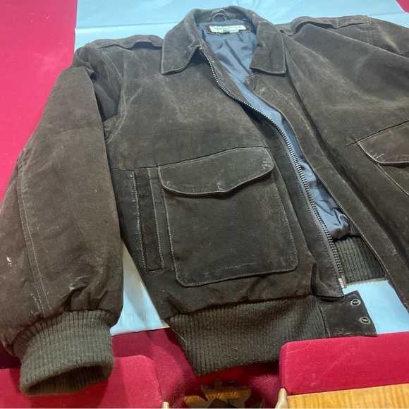 Paris BROWN SUEDE Leather BOMBER Jacket zip up Snap Lined 90s Collared Men’s LRG - Picture 4 of 16